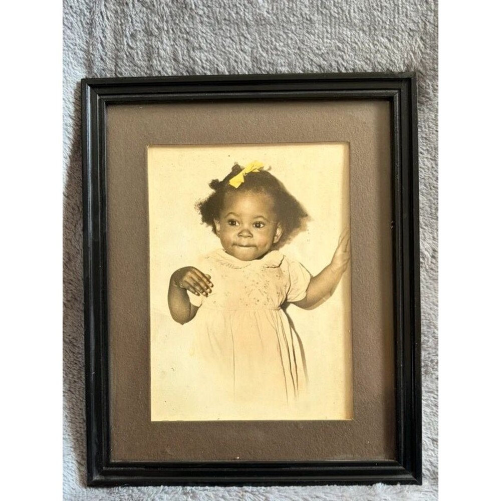 Vintage Black Americana Baby Girl Photo Framed Mid Century Photo B&W Studio